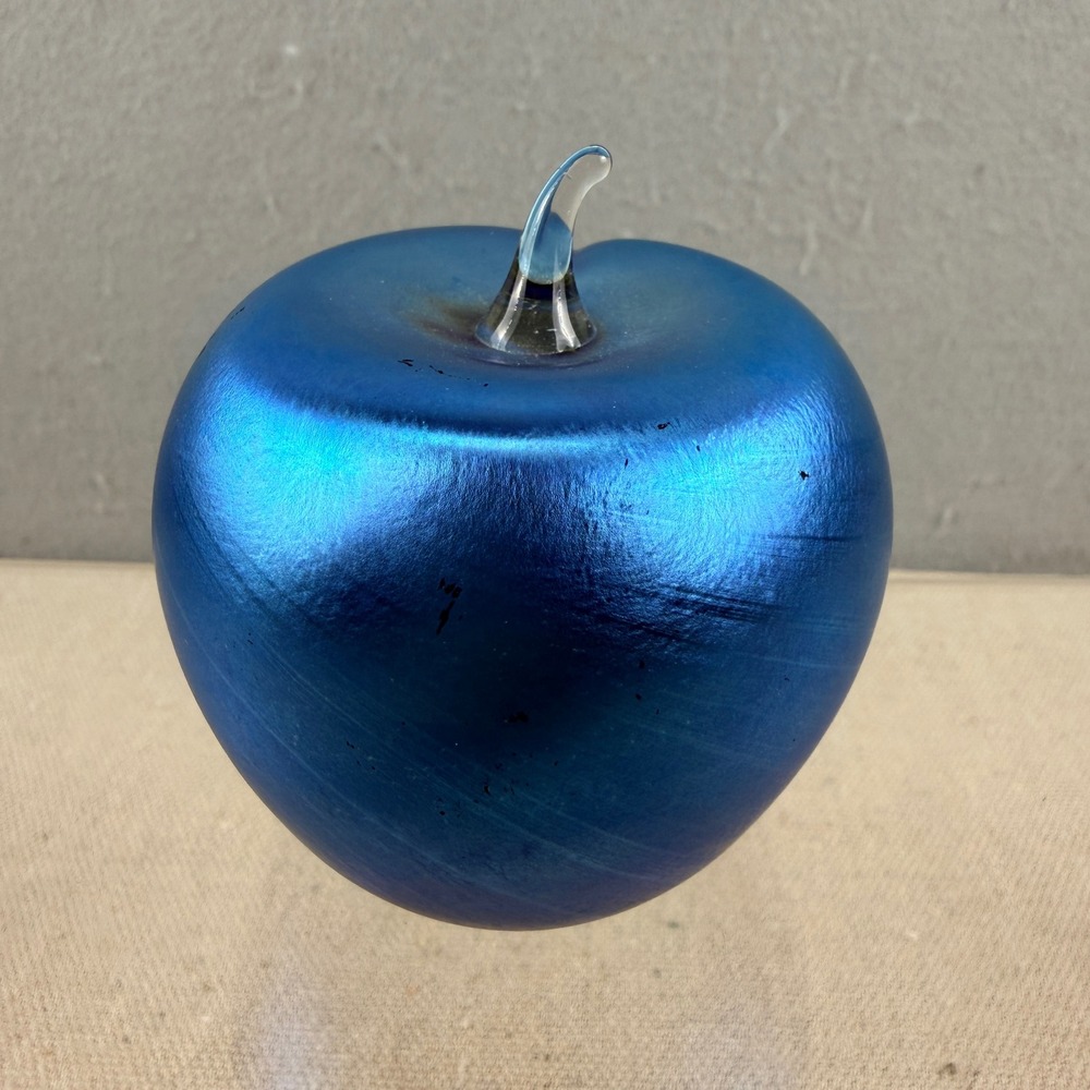 Orient & Flume Iridescent Blue Satin Glass Apple Paperweight Greg Held Signed GS